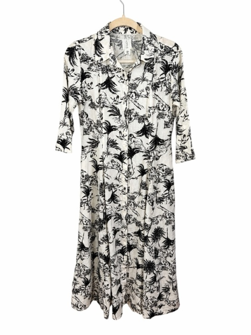 Joie Linen Blend Tropical Toile Shirt Dress XS Ivory Black Pockets Button Snap - Picture 1 of 12